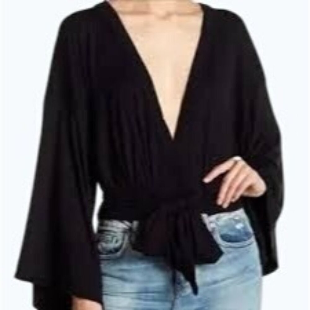 Free People Black Wrap Top With Tie Waist & Bell Sleeves Womens Size XS